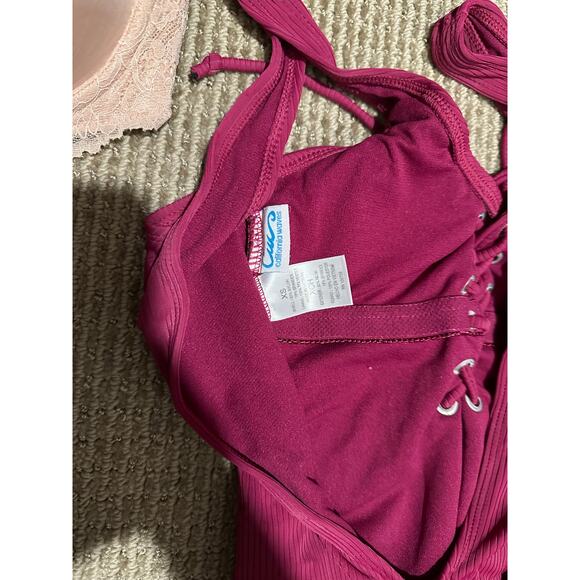 California Waves Womens One Piece Swimsuit Lace Up Front Burgundy Wine Red XS - Picture 4 of 4